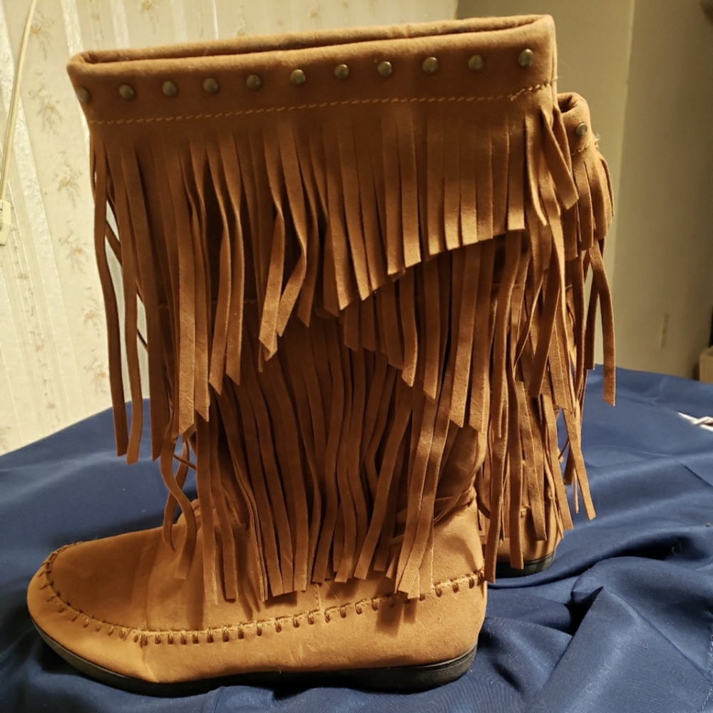 Women's Rampage Ram-Careese Cognac Micro Fringed Boots - W7896B - Size 8 M